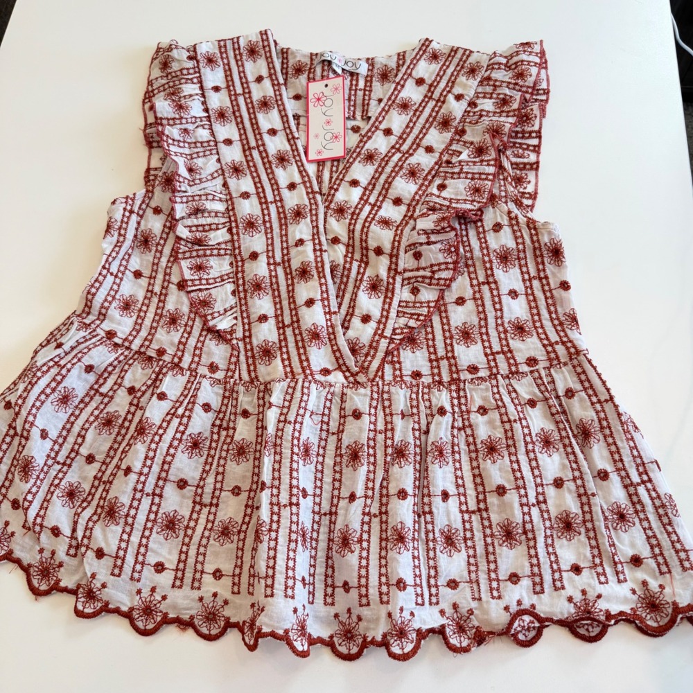 Joy Joy Ruffle Sleeve Empire Waist Top Burnt Orange White Embroidered Medium NEW